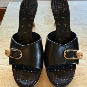 Chanel Black Leather Slide heels with Gold CC Buckle